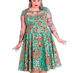NWT Hell Bunny Fit & Flare Sugar Skull Dress – Blue, Size Large